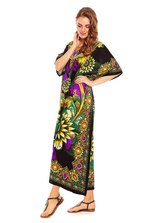Ladies Full Length Maxi Kaftan Floral Green Dress