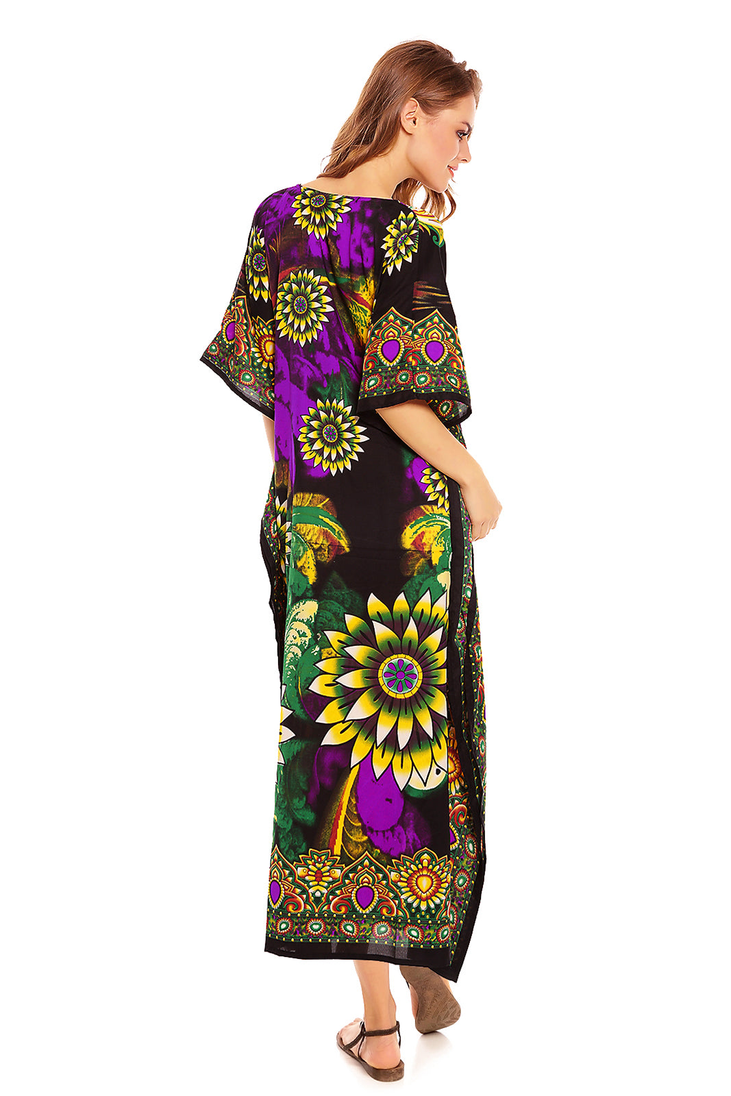 Ladies Full Length Maxi Kaftan Floral Green Dress