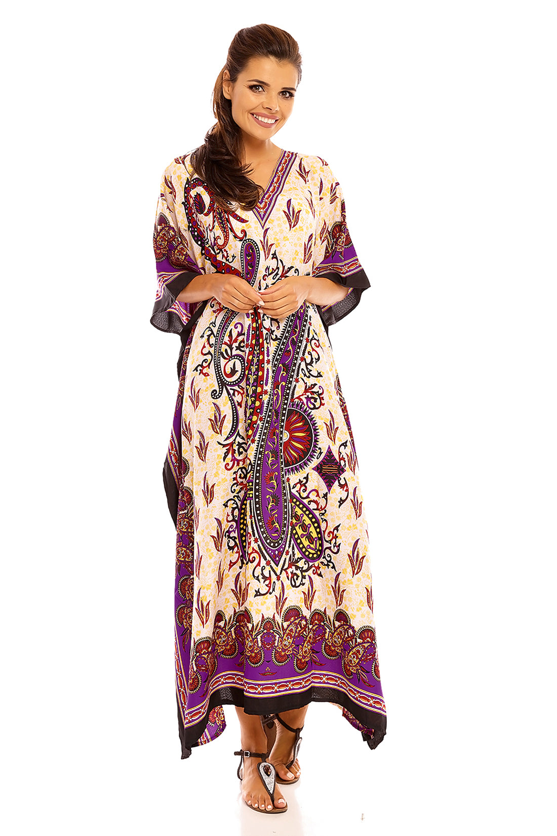 Ladies Tribal Full Length Maxi Kaftan Dress in Purple