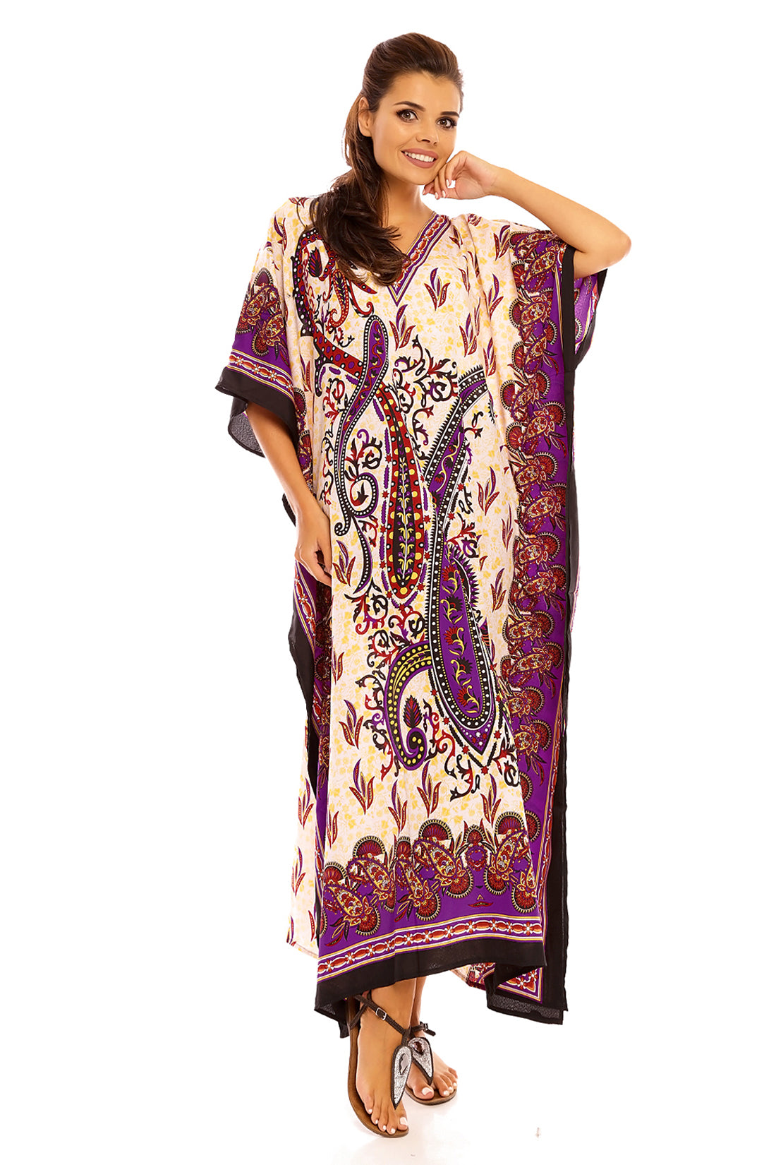 Ladies Tribal Full Length Maxi Kaftan Dress in Purple