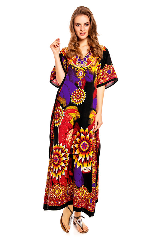 Ladies Full Length Maxi Kaftan Floral Red Dress