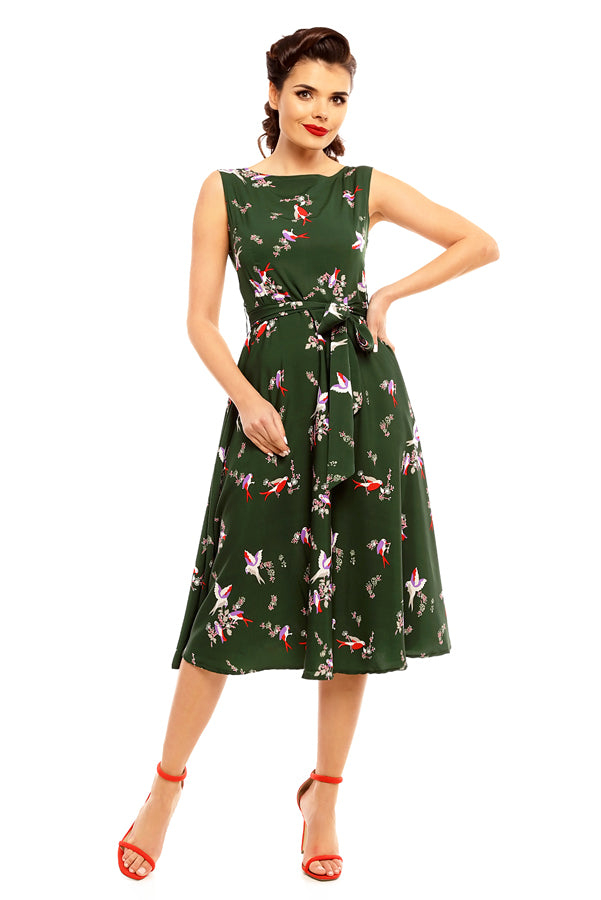 Retro Vintage Inspired Bird Print Midi Dress in Green