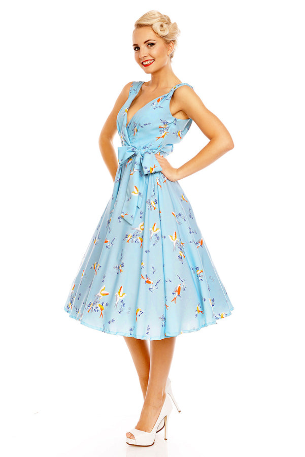 Retro Vintage 1950's Swing Bird Print Midi Dress in Blue Looking Glam Retro Vintage 1950's Swing Bird Print Midi Dress in Blue Looking Glam