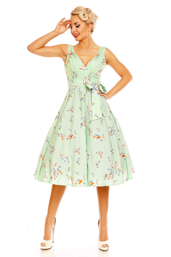 Retro Vintage 1950's Swing Bird Print Midi Dress in Mint Green