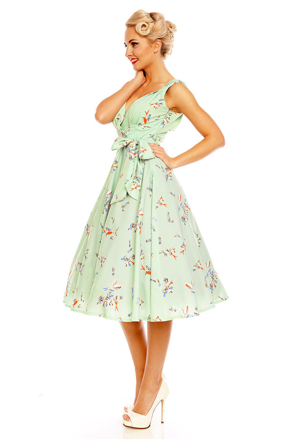 Retro Vintage 1950's Swing Bird Print Midi Dress in Mint Green