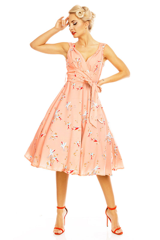 Retro Vintage 1950's Swing Bird Print Midi Dress in Pink