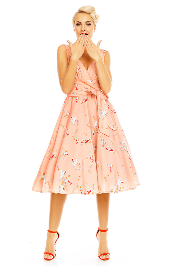 Retro Vintage 1950's Swing Bird Print Midi Dress in Pink