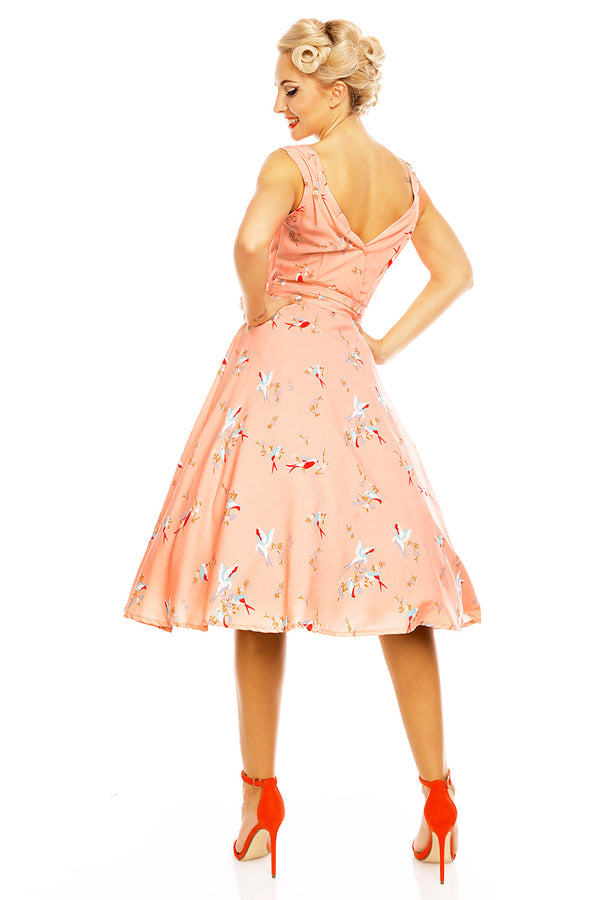 Retro Vintage 1950's Swing Bird Print Midi Dress in Pink