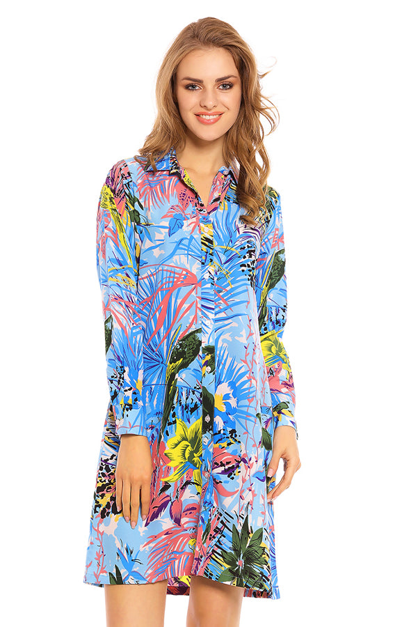 Ladies Tropical Bird Print Shirt Dress in Blue