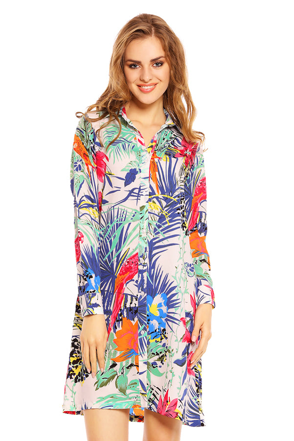 Ladies Tropical Bird Print Shirt Dress in Mint