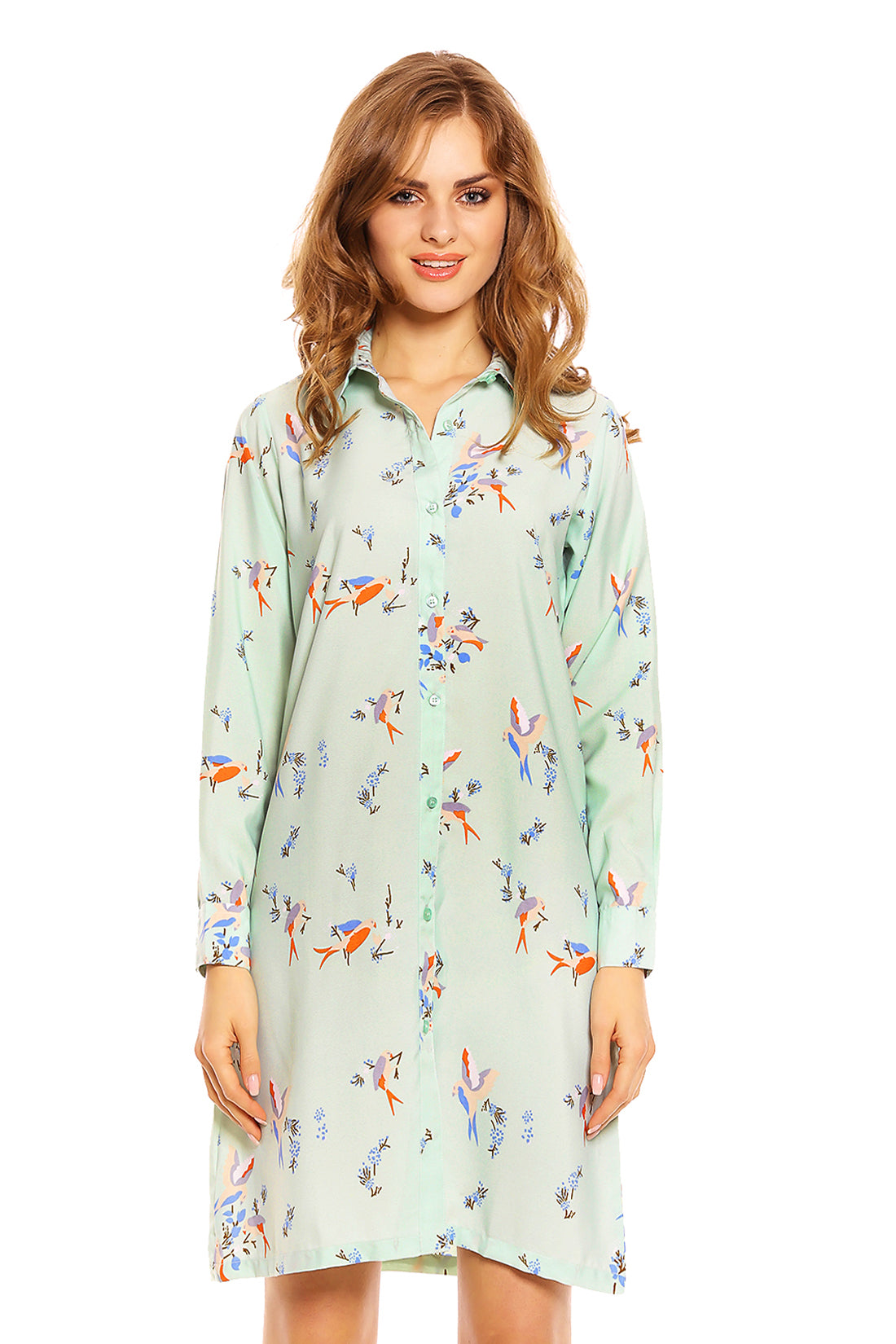 Ladies Bird Print Shirt Dress in Mint Green