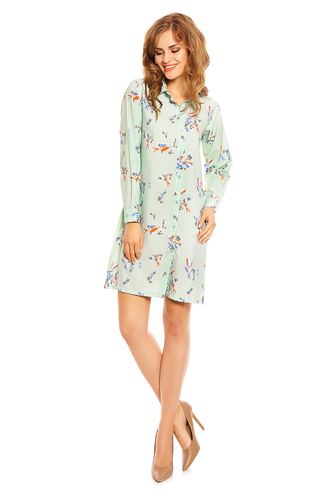 Ladies Bird Print Shirt Dress in Mint Green – Looking Glam