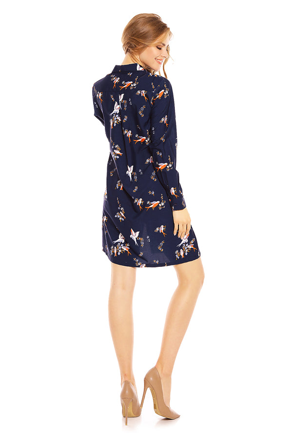 Ladies Bird Print Shirt Dress in Navy