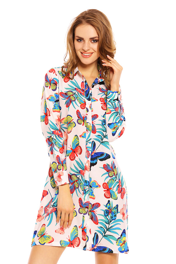 Ladies Butterfly Print Shirt Dress -  Red