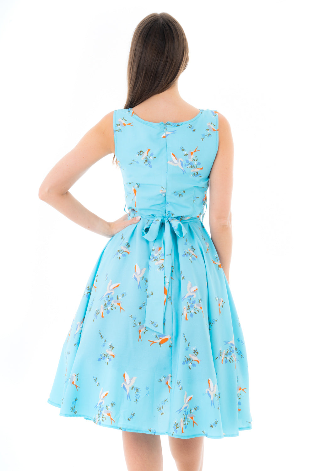 Retro Vintage Inspired Bird Print Midi Dress in Blue