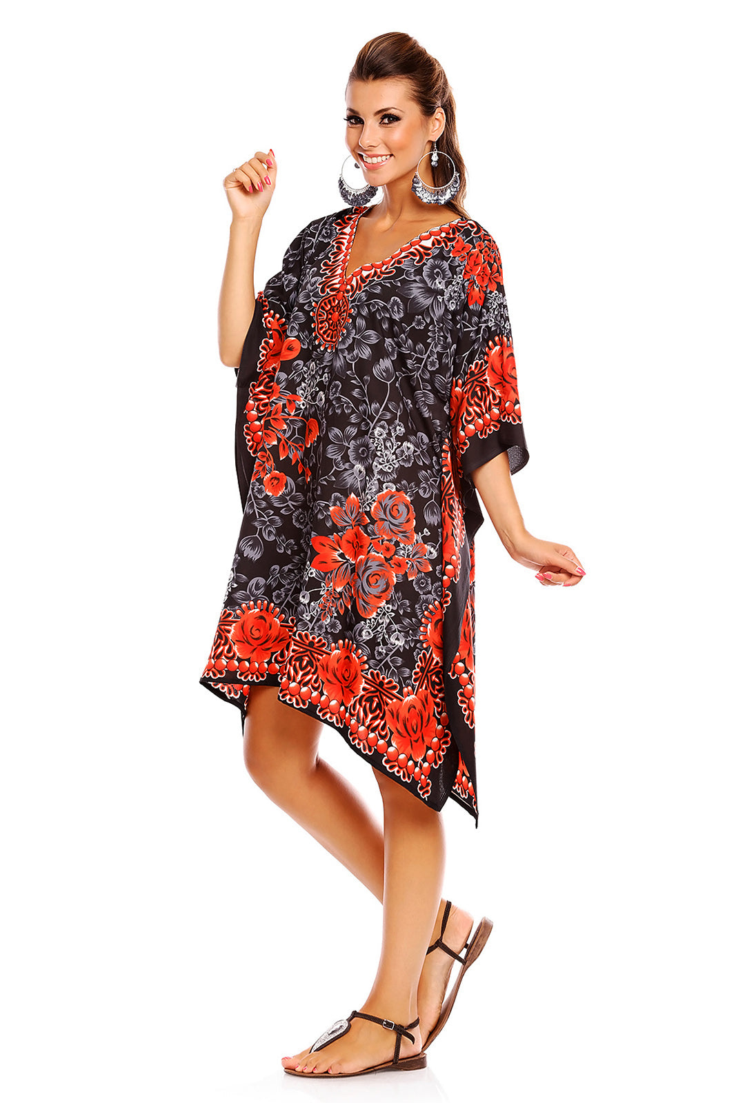 Ladies Short Midi Tribal Print Kaftan Cover Up