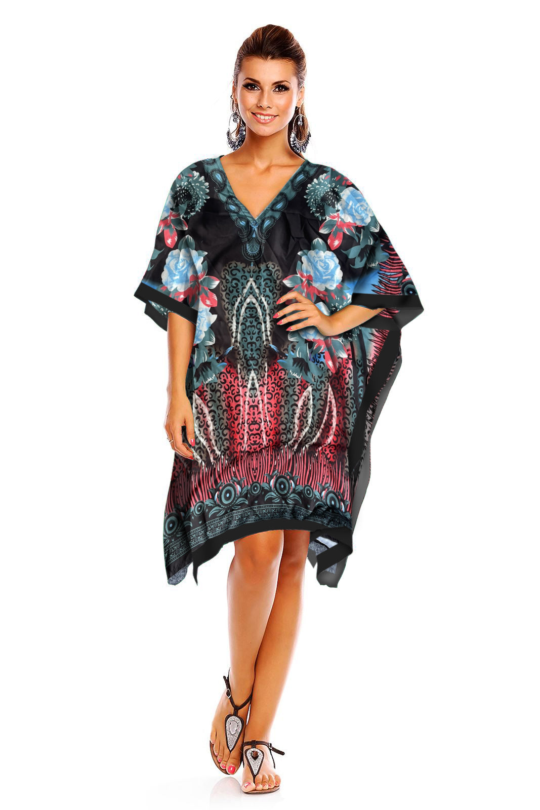 Ladies Mid Length Tribal Print Kaftan Cover Up In Teal