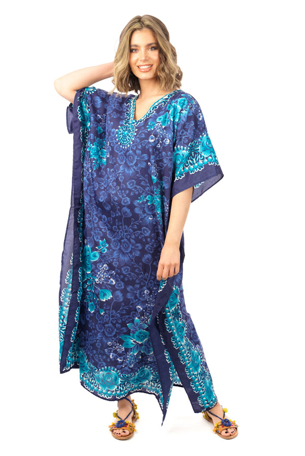 Ladies Full Length Maxi Kaftan Floral Dress in Navy