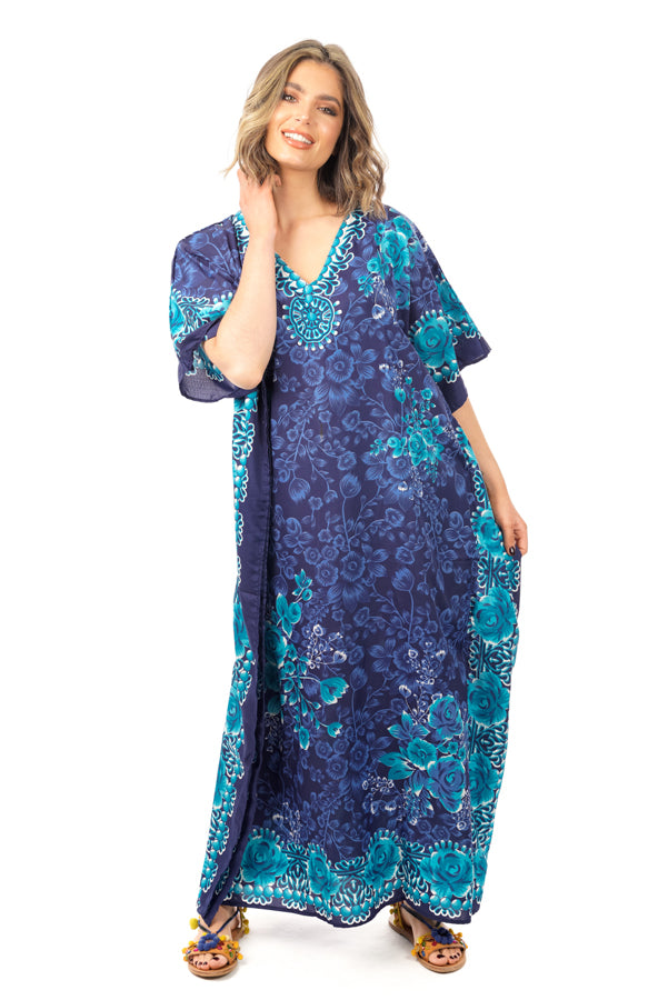 Ladies Full Length Maxi Kaftan Floral Dress in Navy