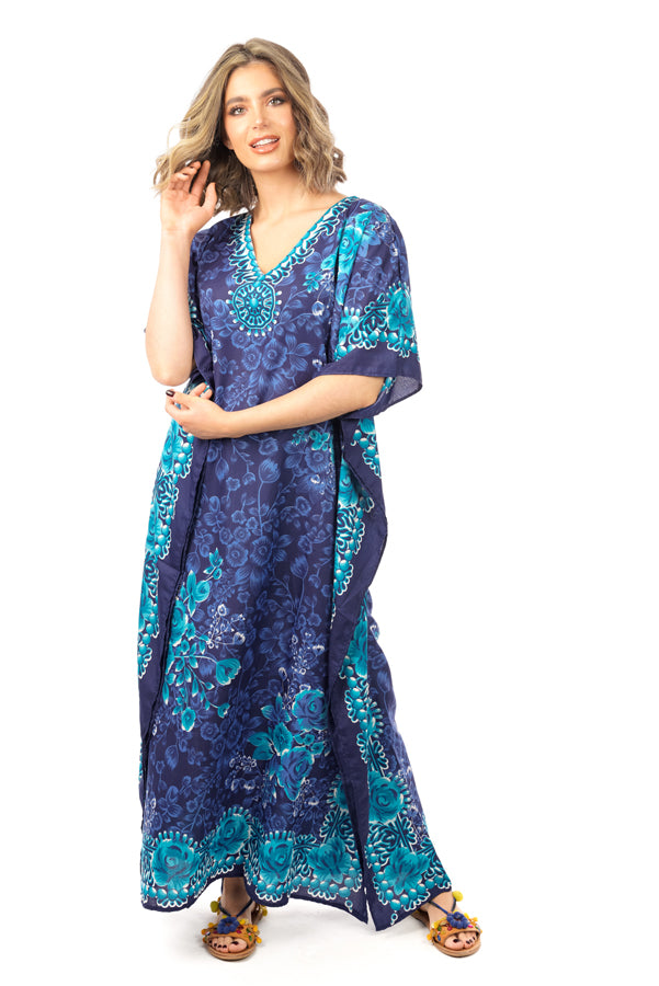 Ladies Full Length Maxi Kaftan Floral Dress in Navy