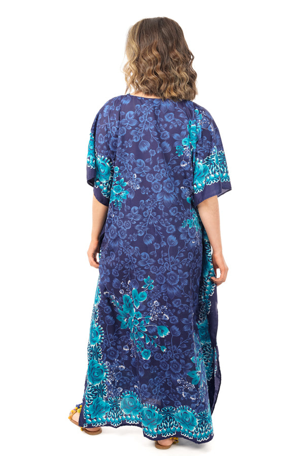 Ladies Full Length Maxi Kaftan Floral Dress in Navy