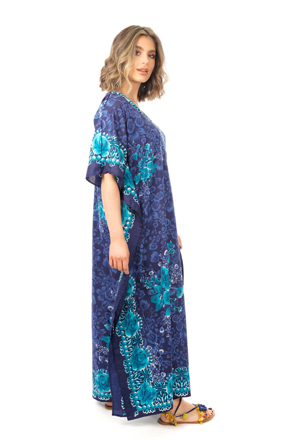 Ladies Full Length Maxi Kaftan Floral Dress in Navy