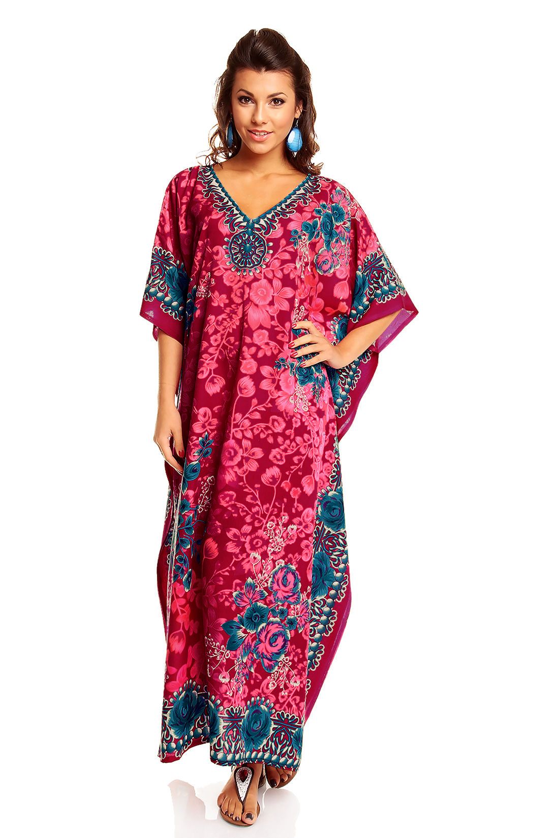 Ladies Full Length Maxi Kaftan Floral Dress in Cerise Pink