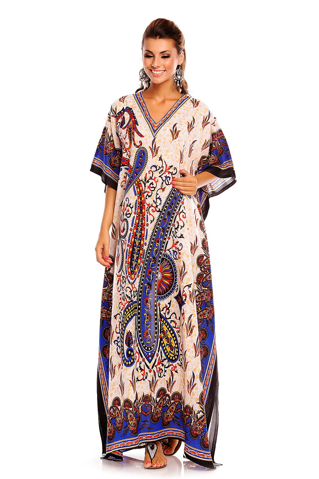 Ladies Tribal Full Length Maxi Kaftan Dress in Blue