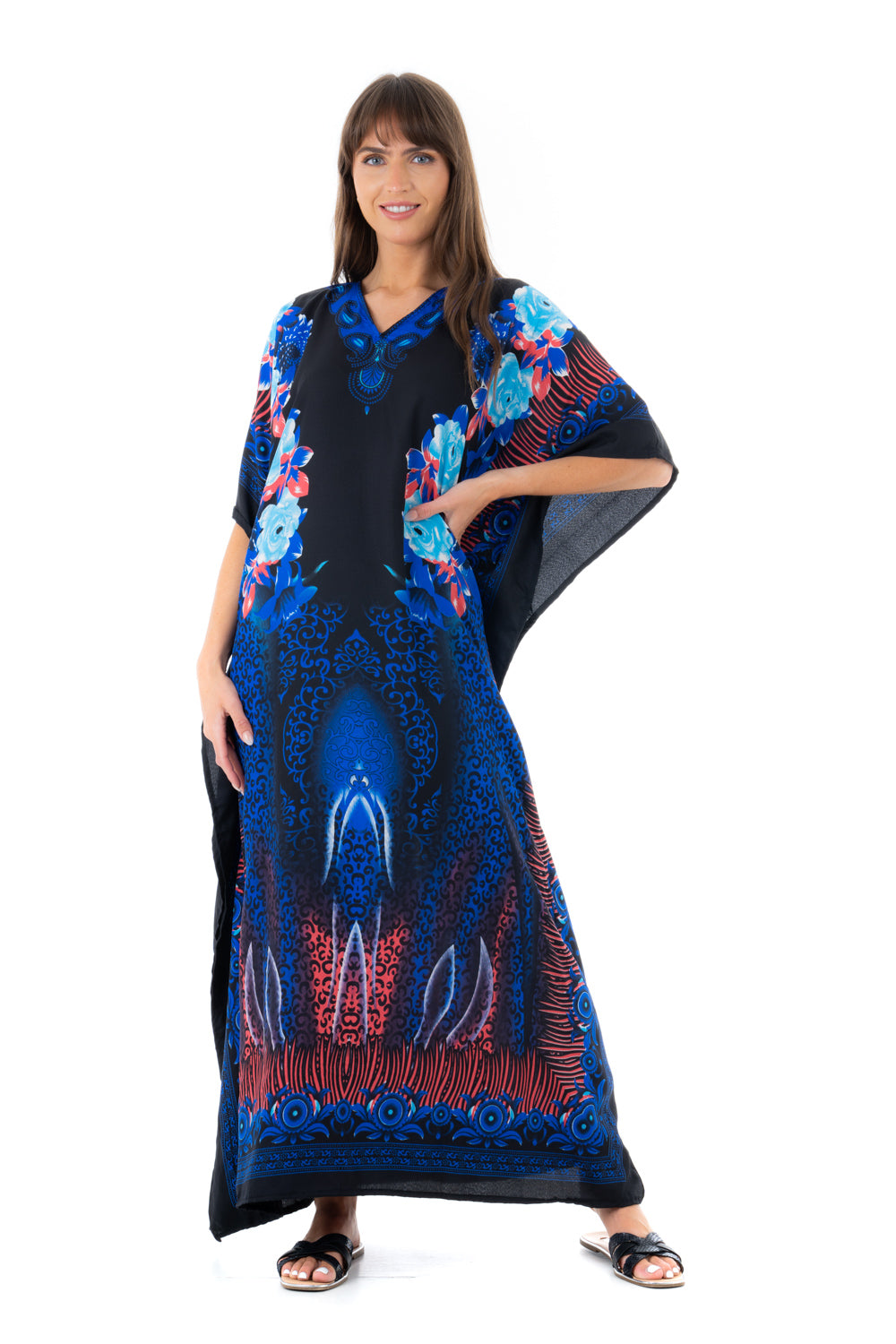 Ladies Floral Full Length Maxi Kaftan Dress in Blue