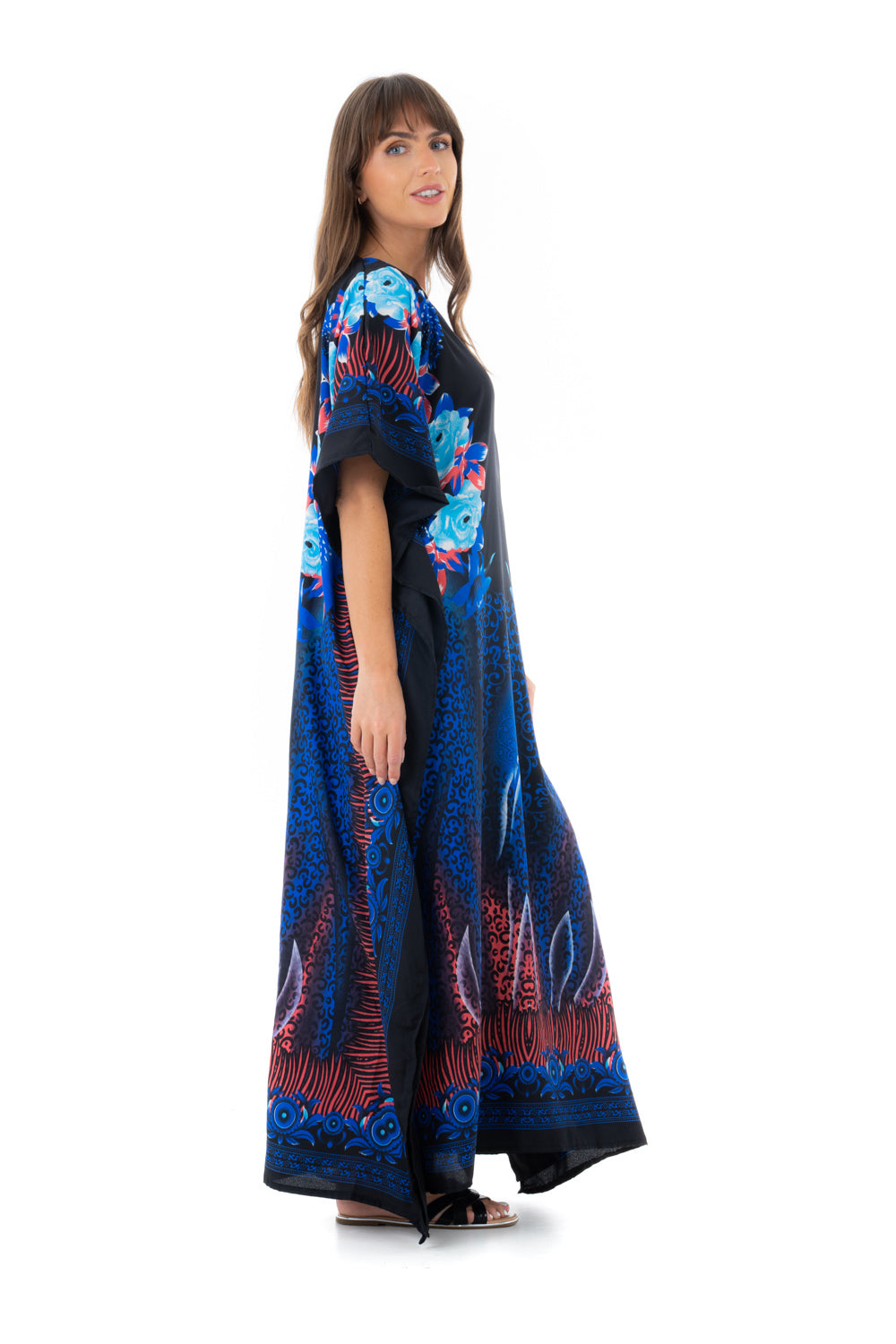 Ladies Floral Full Length Maxi Kaftan Dress in Blue