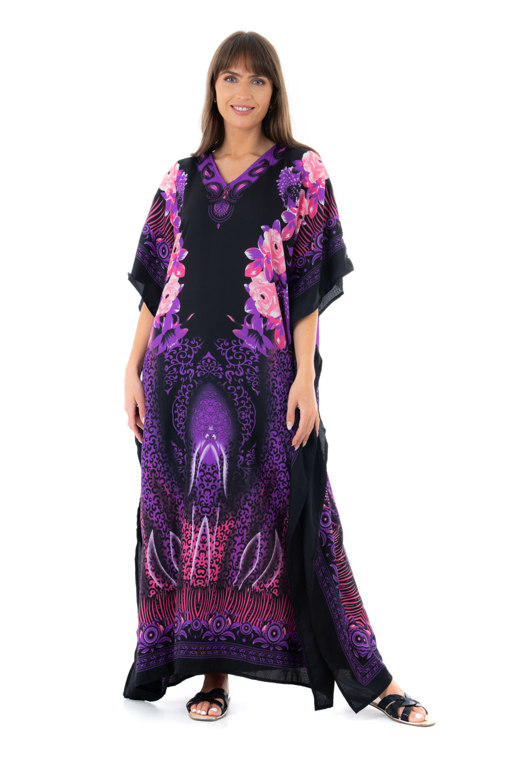 Ladies Floral Full Length Maxi Kaftan Dress in Purple