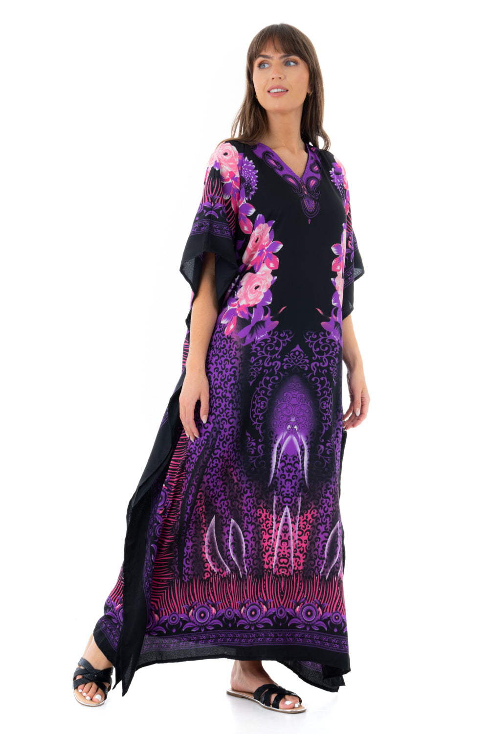 Ladies Floral Full Length Maxi Kaftan Dress in Purple