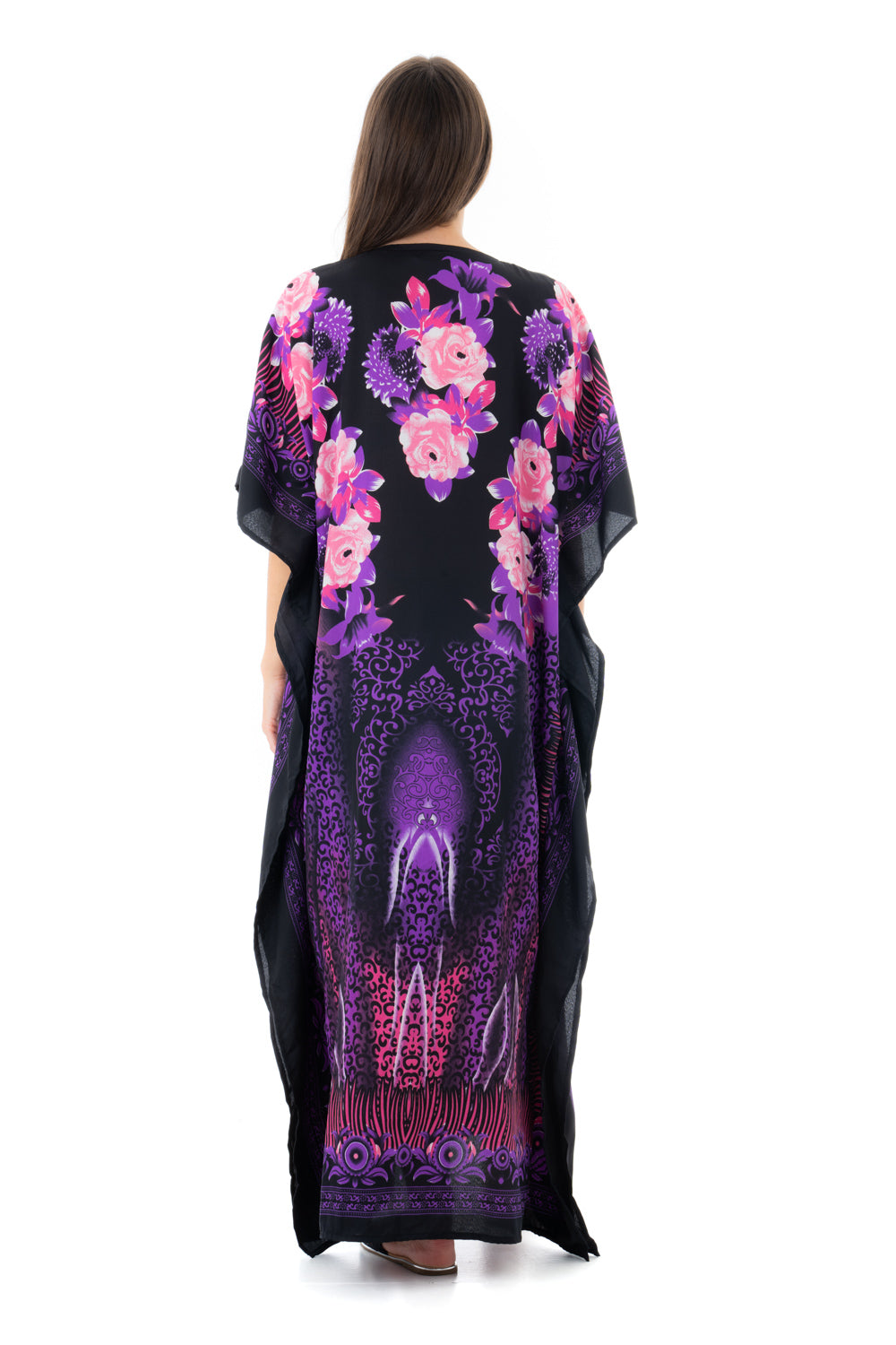 Ladies Floral Full Length Maxi Kaftan Dress in Purple