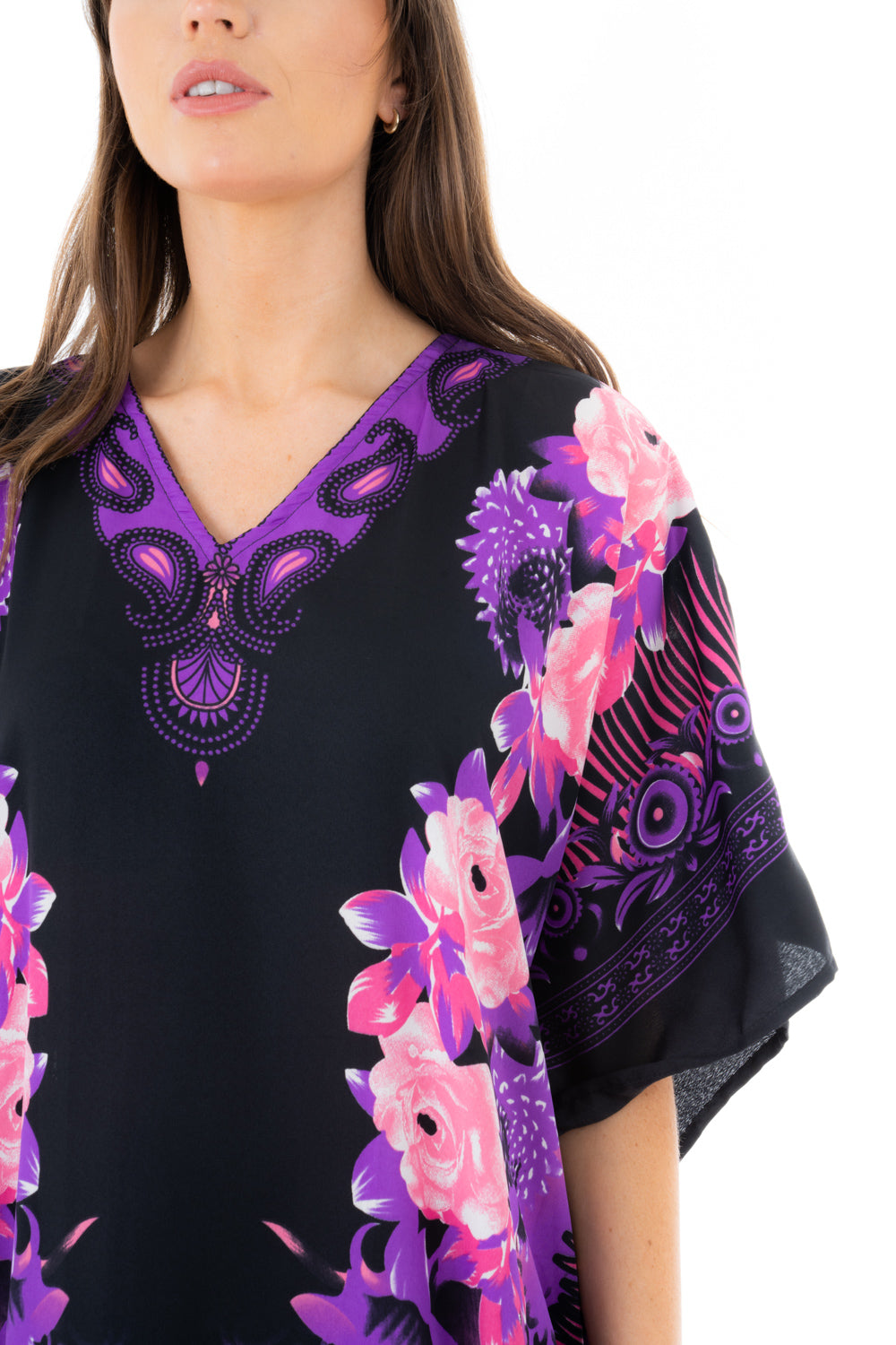 Ladies Floral Full Length Maxi Kaftan Dress in Purple