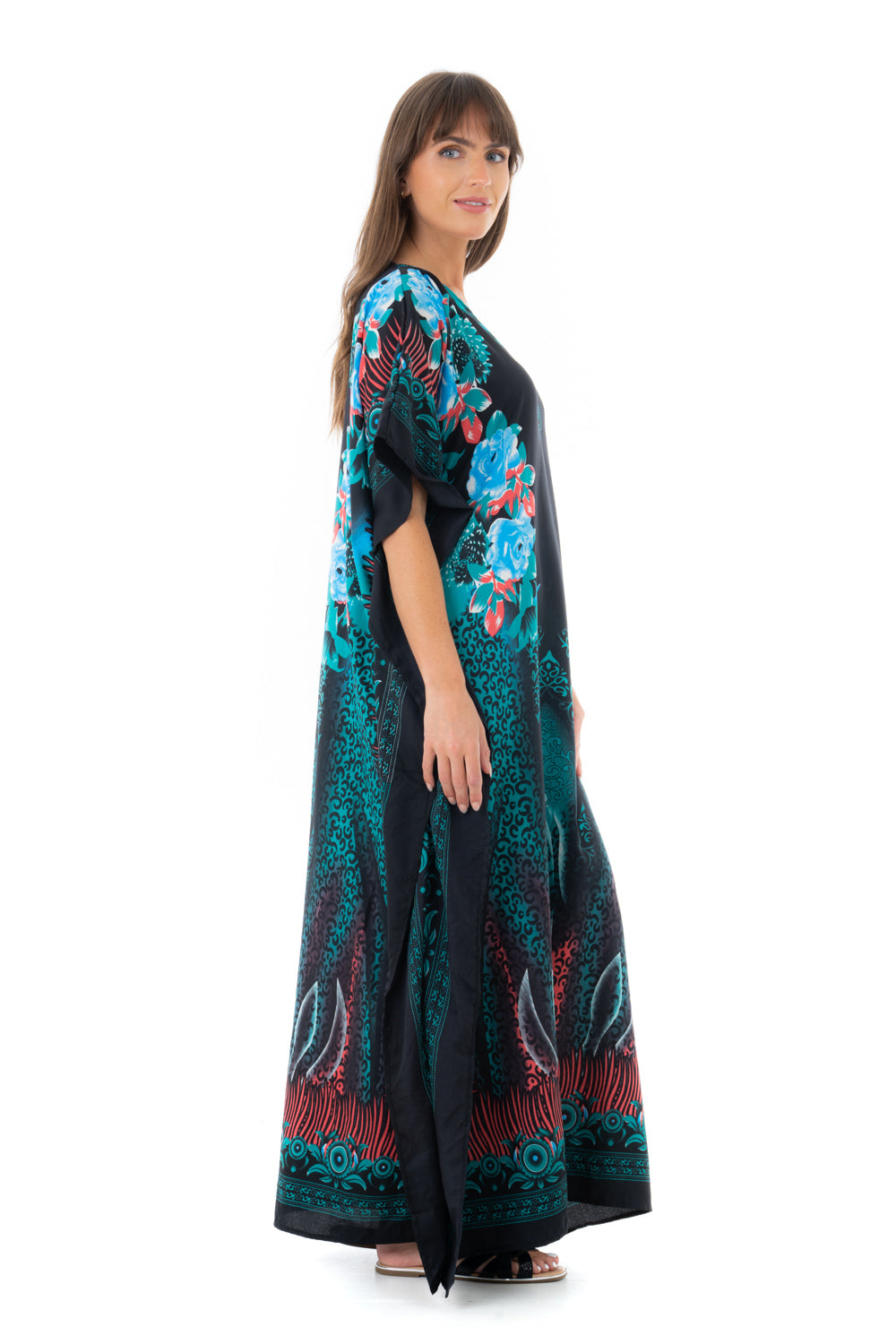 Ladies Floral Full Length Maxi Kaftan Dress in Teal