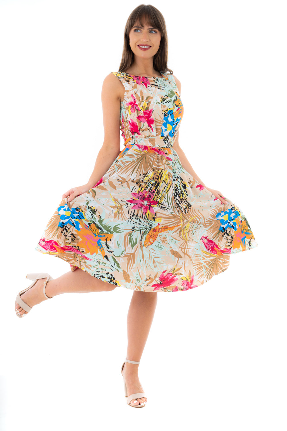 Retro Vintage Inspired Tropical Print Midi Dress in Beige