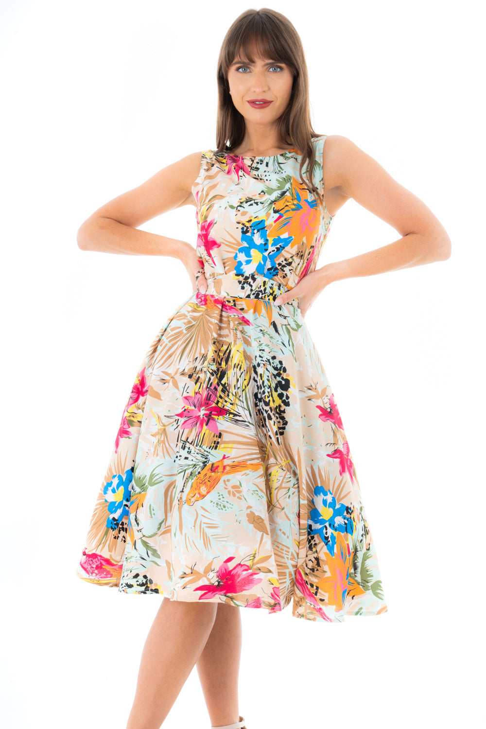 Retro Vintage Inspired Tropical Print Midi Dress in Beige