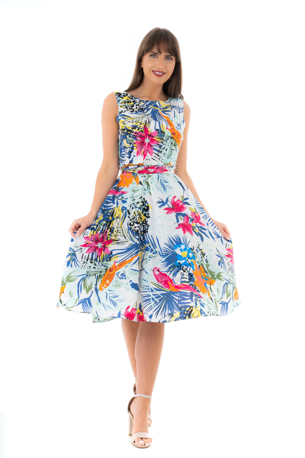 Retro Vintage Inspired Tropical Print Midi Dress