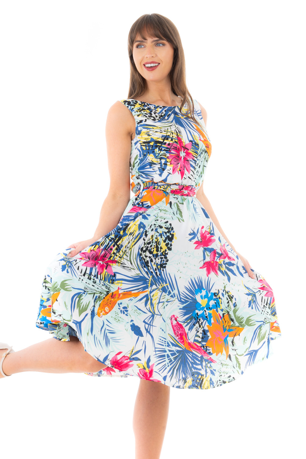 Retro Vintage Inspired Tropical Print Midi Dress