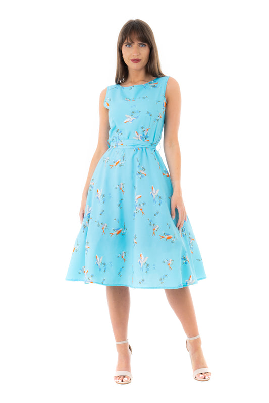 Retro Vintage Inspired Bird Print Midi Dress in Blue