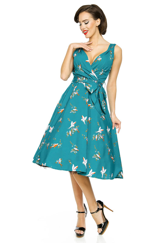 Retro Vintage 1950's Swing Bird Print Midi Dress in Teal