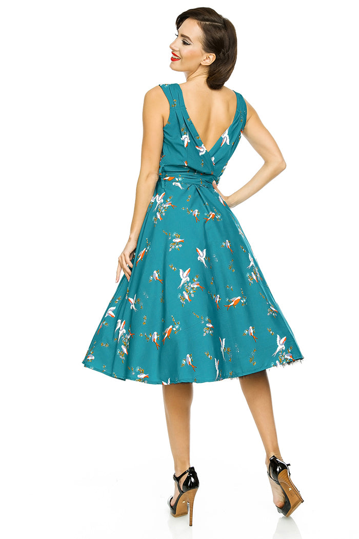 Retro Vintage 1950's Swing Bird Print Midi Dress in Teal