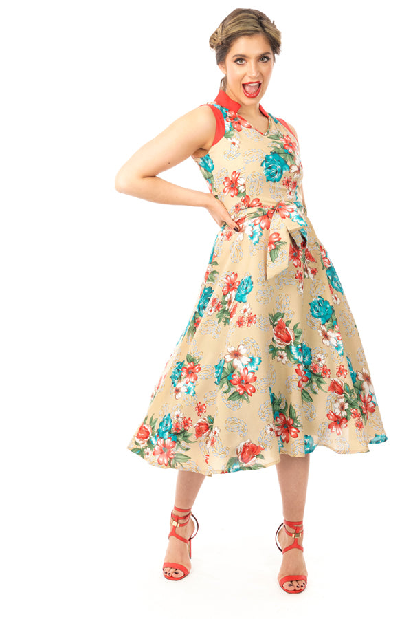 Retro Vintage Swing 1950's Beige Red Floral Dress Looking Glam Retro Vintage Swing 1950's Beige Red Floral Dress Looking Glam