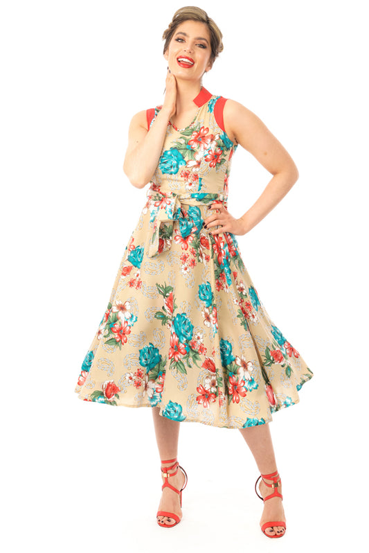 Retro Vintage Swing 1950's Beige Red Floral Dress