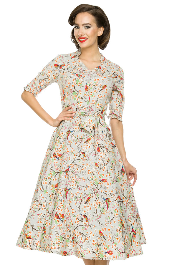 Retro Vintage 1940's Inspired Shirt Dress in Bird Print