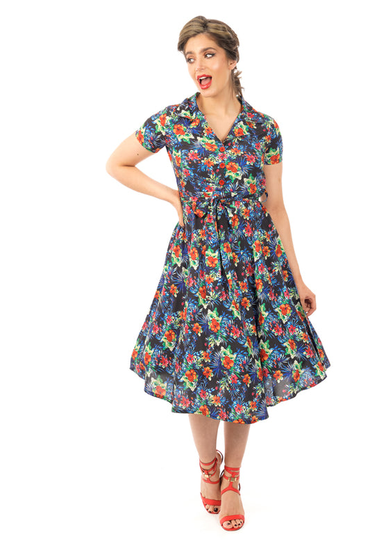 Retro Vintage 1940's Inspired Floral Short Sleeve Shirt Dress